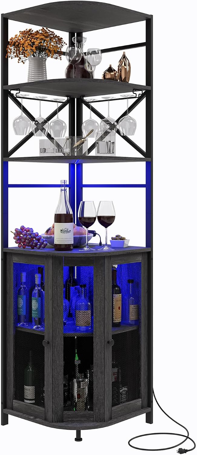 Wine Bar Cabinet with Power Outlet, 6-Tiers Industrial Wine Cabinet with LED Light and Glass Holder, Corner Bar Cabinet with Adjustable Shelf and Mesh Door, Liquor Cabinet Bar for Home