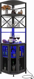 Wine Bar Cabinet with Power Outlet, 6-Tiers Industrial Wine Cabinet with LED Light and Glass Holder, Corner Bar Cabinet with Adjustable Shelf and Mesh Door, Liquor Cabinet Bar for Home