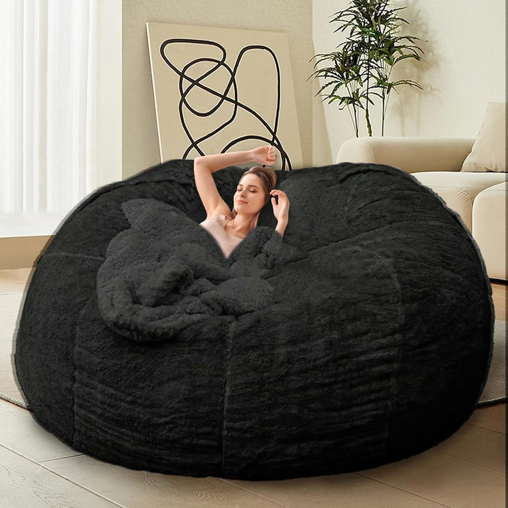 HDMLDP Bean Bag Chair for Adults Kids Without Filling Comfy Fluffy Giant Round Beanbag Lazy Sofa Cover for Reading Chair Floor Chair, 6FT, Black