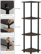 Furinno Turn-N-Tube Toolless Assembly 4-Tier Corner Shelf, Black Corner Book Shelf, Open Shelves Bookshelf, for Organization and Storage, Living Room, Home Office, Bedroom, Brown Grain