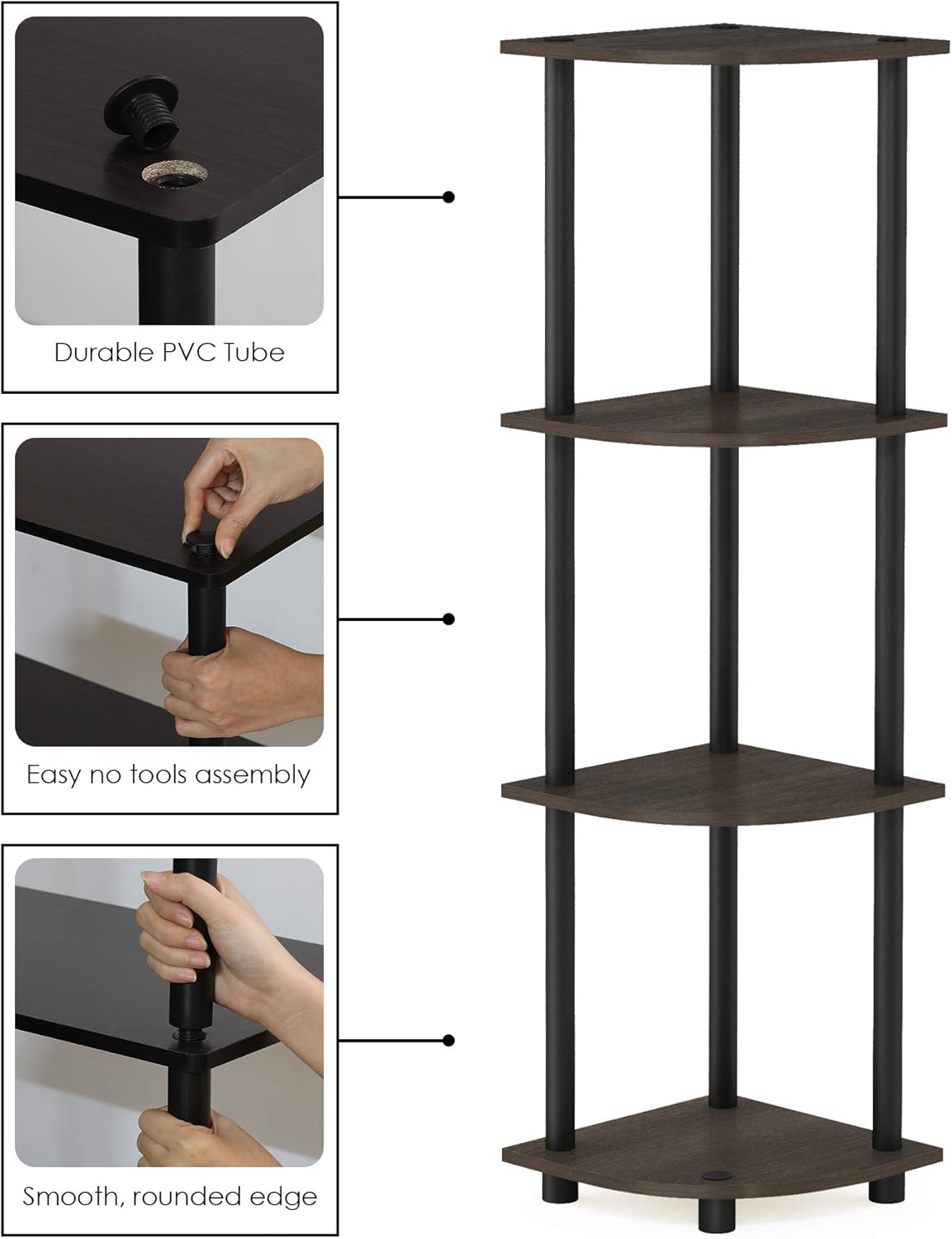 Furinno Turn-N-Tube Toolless Assembly 4-Tier Corner Shelf, Black Corner Book Shelf, Open Shelves Bookshelf, for Organization and Storage, Living Room, Home Office, Bedroom, Brown Grain
