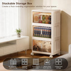 Stackable Organizer Drawers with Wheels, Foldable Plastic Storage Bins for Clothes/Dorm Room Double Door Cream Rolling Cabinet Height (Reinforce Stripe: 3 Clear, 19.8"D x 11.8"W x 31.1"H)