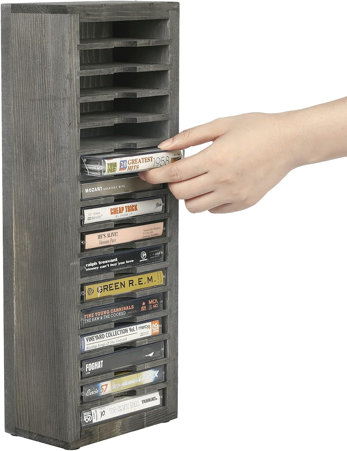 MyGift 16 Slot Cassette Tapes Tower, Vintage Gray Solid Wood Freestanding Audio Compact Cassettes Slotted Storage Rack, Analog Audiotapes Holder Stand, Fits Standard Cases Up to 0.7" Thick