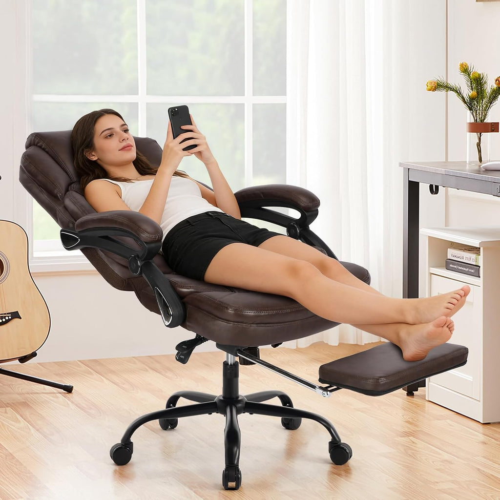 400lbs Ergonomic Reclining Office Chair with Footrest, Plus Size Big Tall Leather Recliner Office Desk Chairs with Foot Leg Rest, Brown
