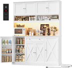 HIFIT 72.8” Tall Kitchen Pantry Cabinet with LED & Charging Station, 55” Wide Farmhouse Pantry Storage Cabinet with Microwave Stand&Shelves&Barn Doors, Kitchen Hutch Coffee Bar for Living Room, White