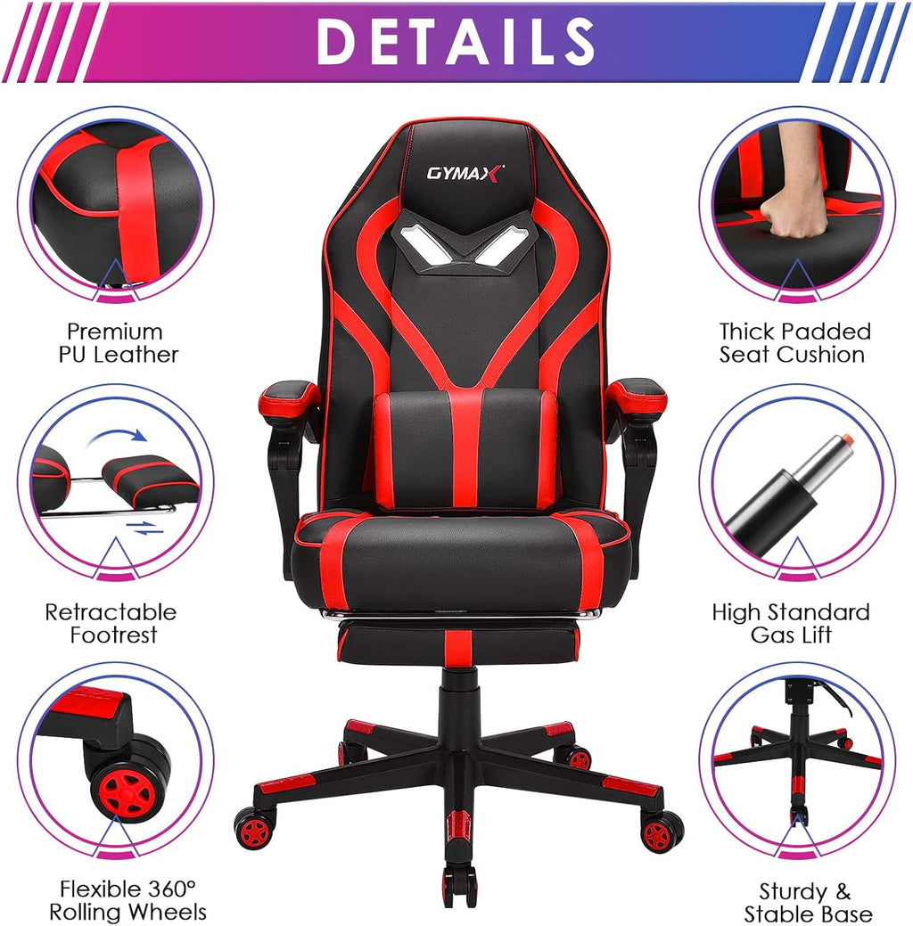 GYMAX Gaming Chair Office Chair, Adjustable Swivel Racing Style Computer Chair with Massage Lumbar Support, Headrest Armrest & Retractable Footrest, Video Gaming Chair for Home Theatre (Red)
