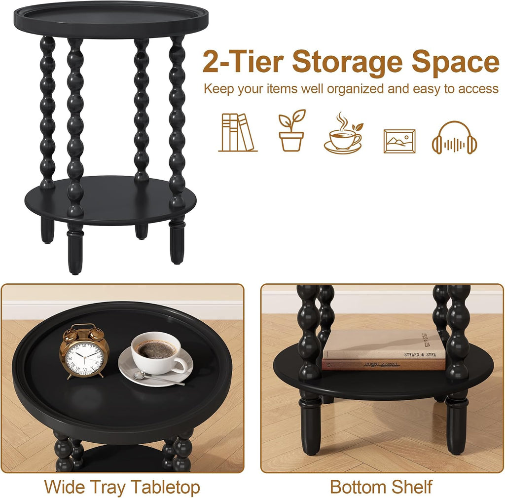 Round Side Table with Storage Shelf, 2 Tier Accent End Table with Spindle Legs, Modern Nightstand Beside Table for Living Room, Bedroom, Office, Black