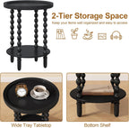 Round Side Table with Storage Shelf, 2 Tier Accent End Table with Spindle Legs, Modern Nightstand Beside Table for Living Room, Bedroom, Office, Black