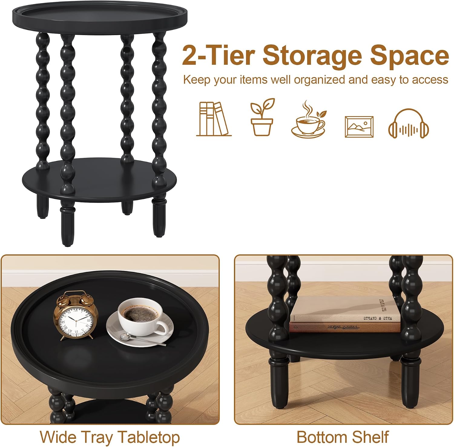 Round Side Table with Storage Shelf, 2 Tier Accent End Table with Spindle Legs, Modern Nightstand Beside Table for Living Room, Bedroom, Office, Black