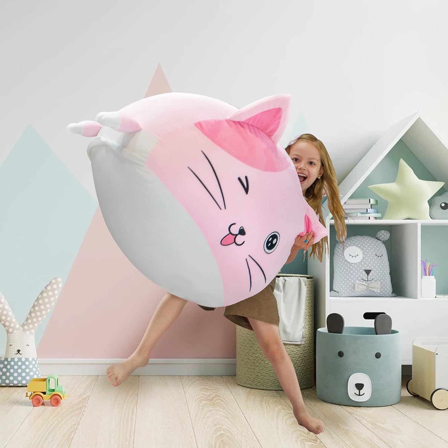 Anzitinlan Cute Cat Bean Bag Chair for Kids, Pink Stuffed Animal Storage Beanbag Chairs for Girls Room Decor, Extra Large Size, Velvet Super Soft Cover Only