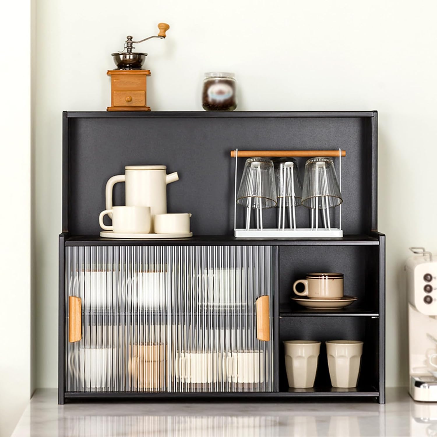 3-Tier Small Kitchen Pantry Sideboard Cabinet with Sliding Glass Doors,Countertop Storage Cabinet,Dining Cupboard for Kitchen,Dining Room,Spice,Bottles,Bowl