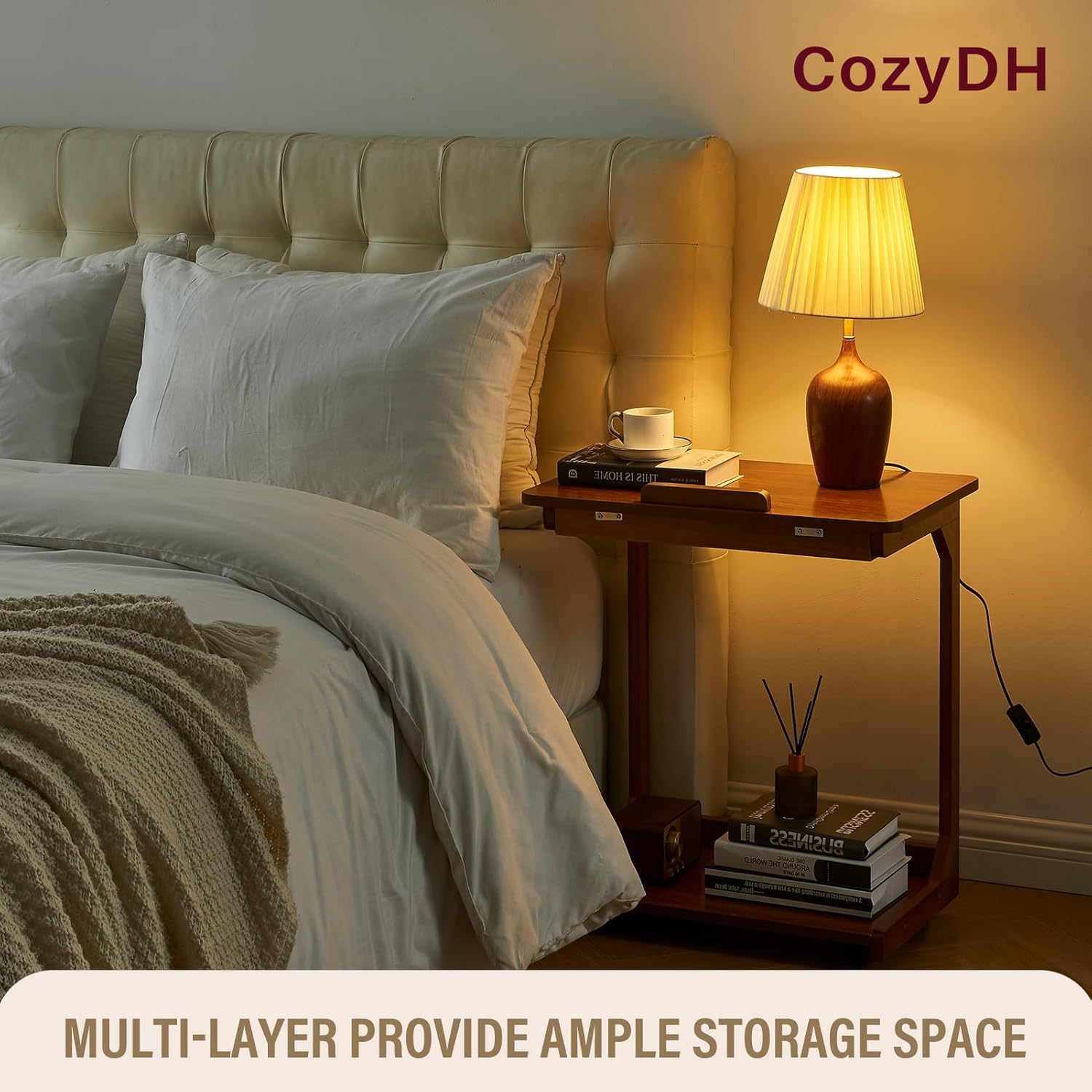 CozyDH Bedroom Side Table - Wooden End Tables Bedroom, C Shaped End Table with Wheels, Small Rolling Table for Bedside, Skinny Tray Desk for Sofa/Couch/Living Room, Teak
