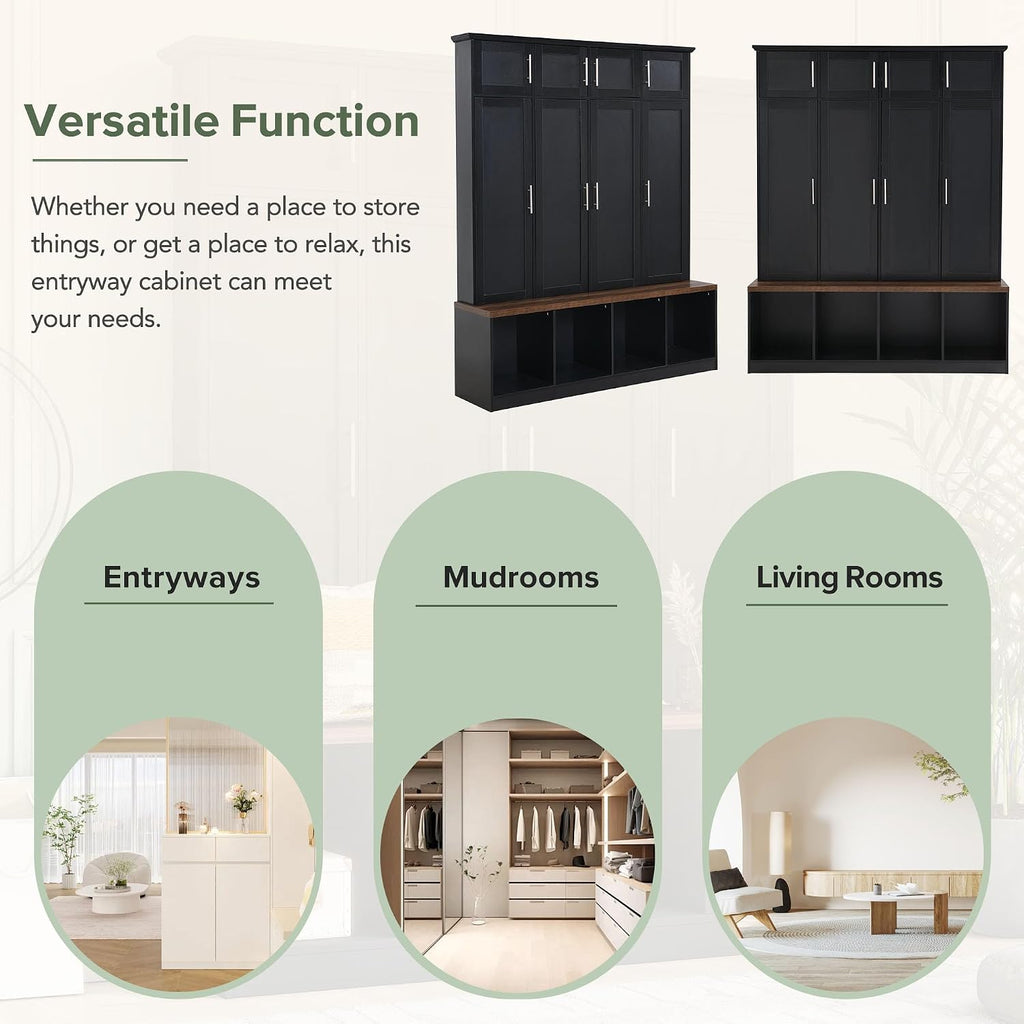 Hall Tree with Bench and Shoe Storage Compartments, Particle Board Multi-Functional Entryway Cabinet with 4 Hanging Hooks, Black