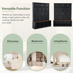 Hall Tree with Bench and Shoe Storage Compartments, Particle Board Multi-Functional Entryway Cabinet with 4 Hanging Hooks, Black