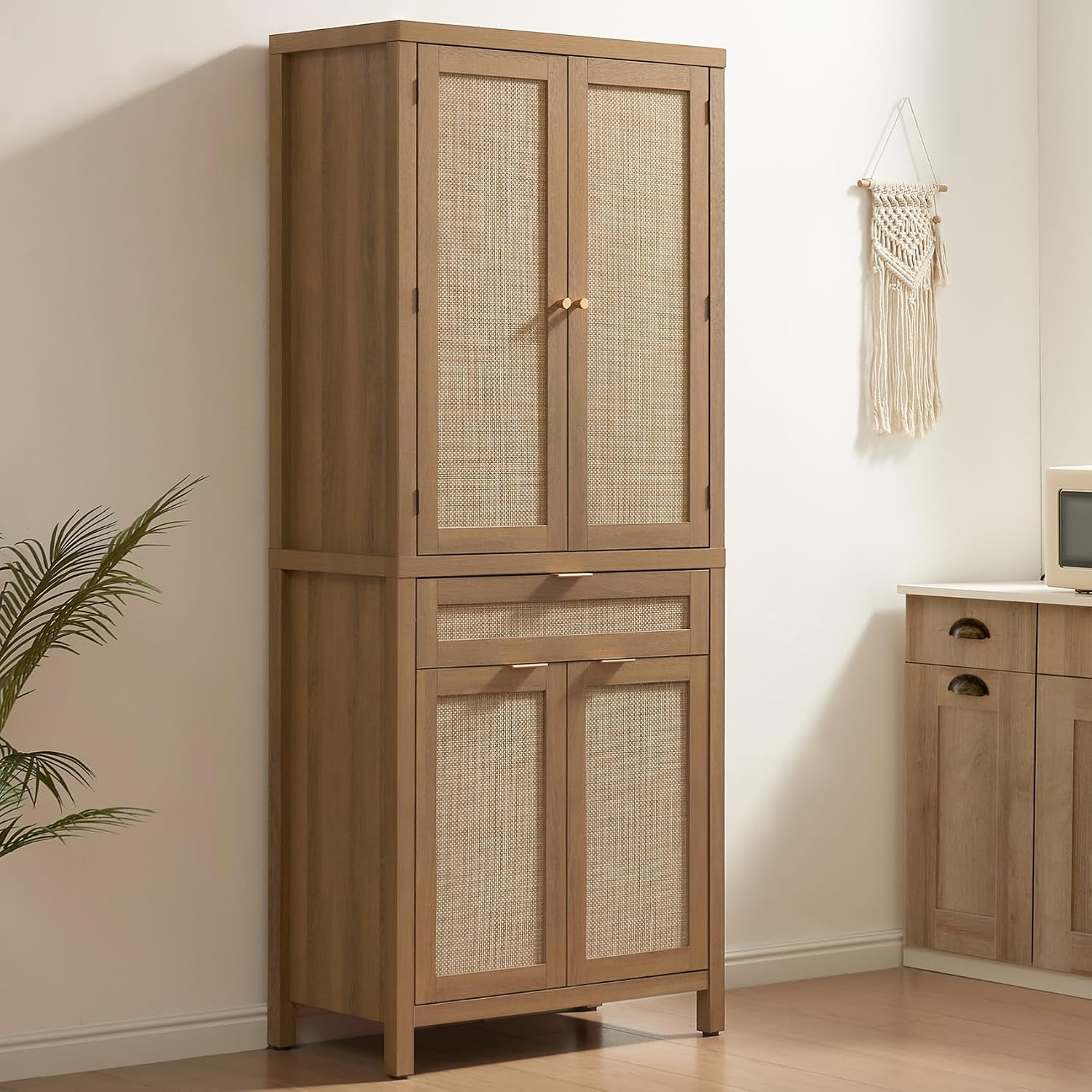 SICOTAS 72" Tall Pantry Cabinet - Rattan Kitchen Storage Cabinet with Large Drawer & 4 Doors, Farmhouse Freestanding Cupboard Pantry with Storage for Living Room, Dining Room, Oak