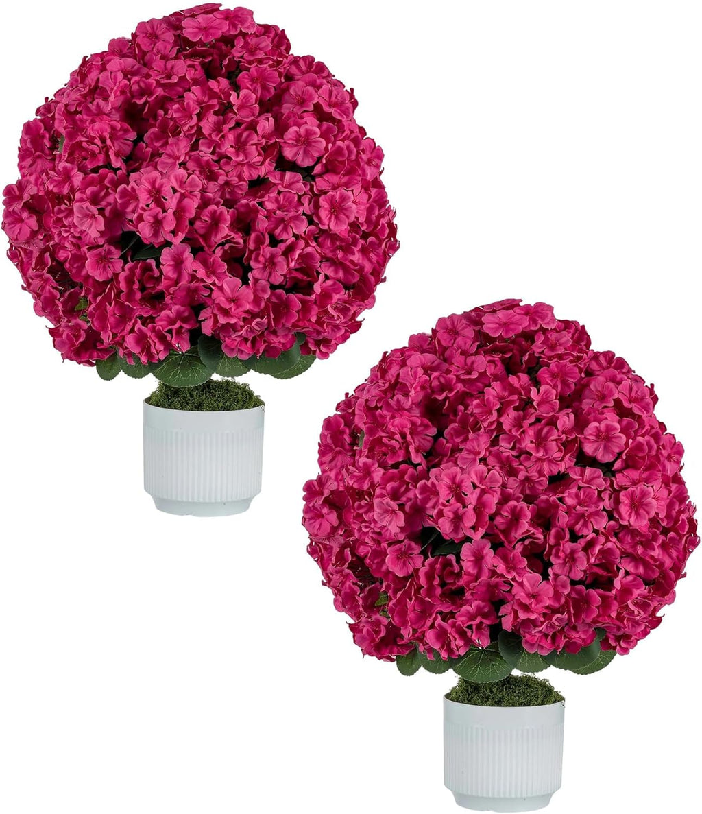 Faux Geraniums for Outdoor Planters: 26” Faux Flower Topiary Ball with Pot Set of 2 for Patio Porch - Hot Pink UV Resistant Silk Geraniums for Outdoors Front Door