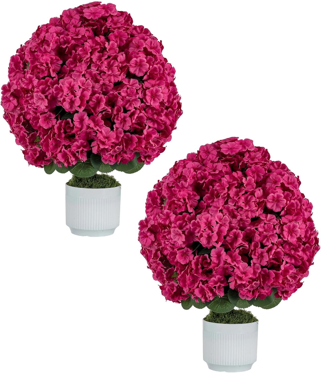 Faux Geraniums for Outdoor Planters: 26” Faux Flower Topiary Ball with Pot Set of 2 for Patio Porch - Hot Pink UV Resistant Silk Geraniums for Outdoors Front Door