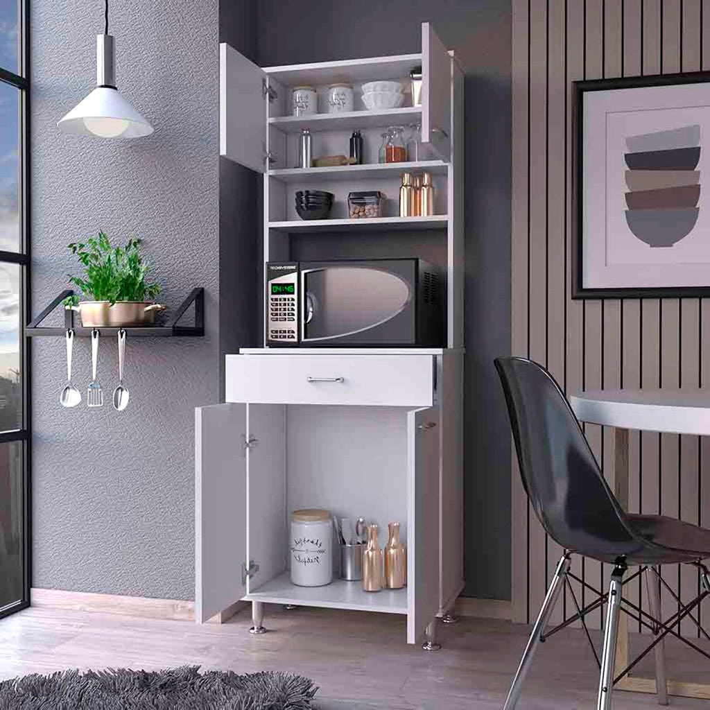 Bay Area Pantry with Two Door Cabinets, One Drawer and Adjustable Metal Legs - White
