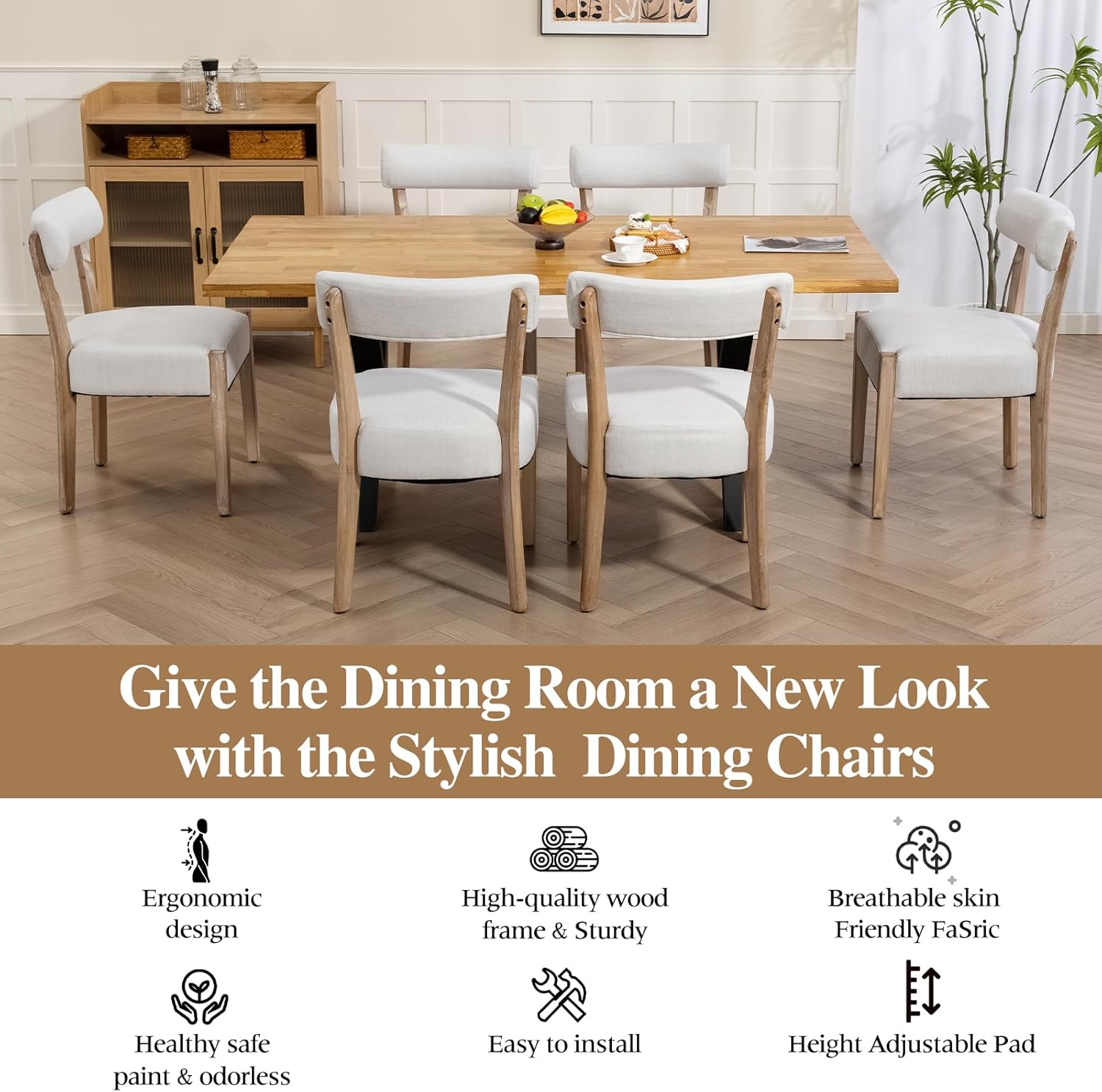 ZJhome Dining Chairs Set of 4, Mid-Century Modern Wooden Kitchen Chairs with Linen Upholstery - Low-Back Woven Design for Kitchen & Dining Room, Beige Fabric