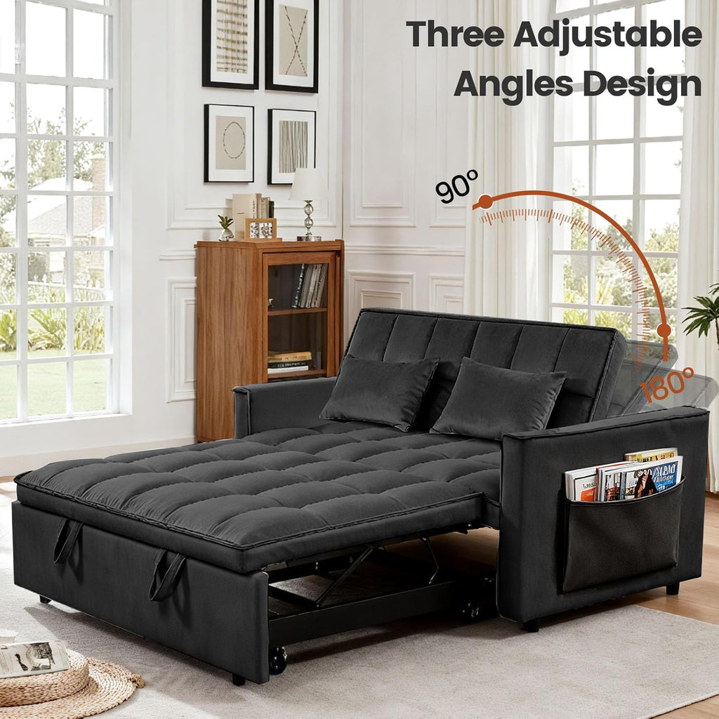 3 in 1 Sofa Bed, Loveseat Sleeper Sofa Bed with Side Pockets, Velvet Fabric Pull Out Couch with Adjustable Backrest for Living Room, Bedroom, Apartment, Black