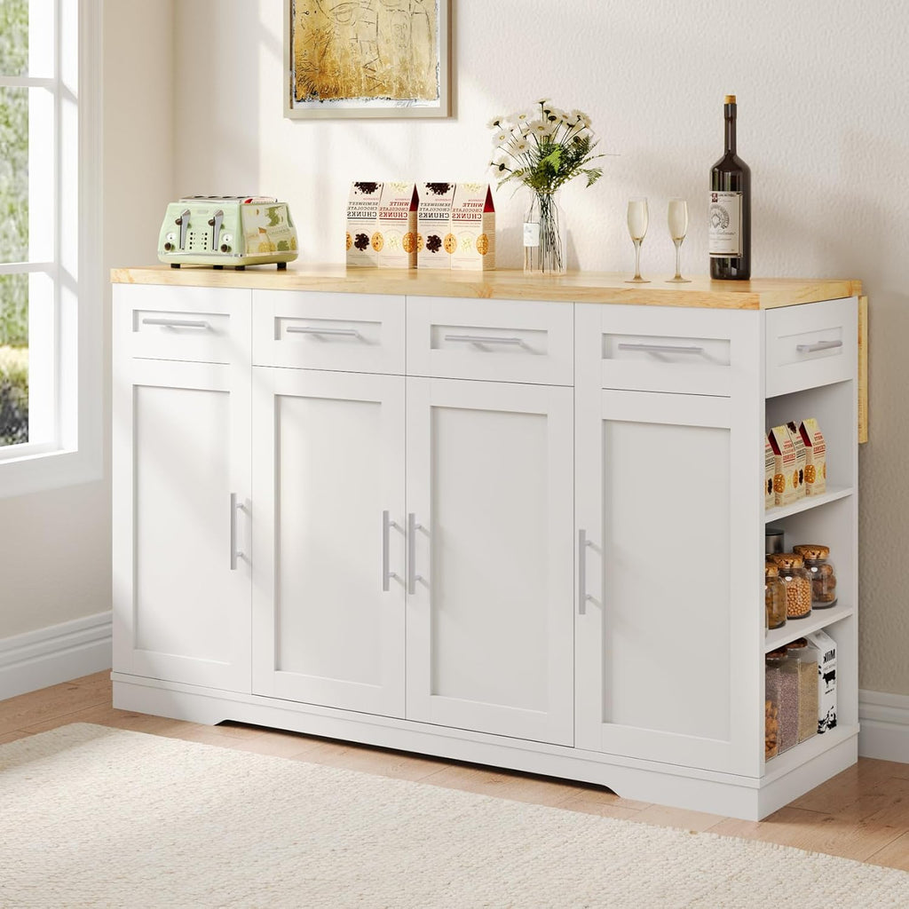 Dripex 53'' Rolling Kitchen Island with Power Outlet, Drop Leaf & Trash Can Storage, Large Island Cart on Wheels with Rubberwood Top, 4 Drawers, Open Shelves, for Kitchen, Dining Room (White)
