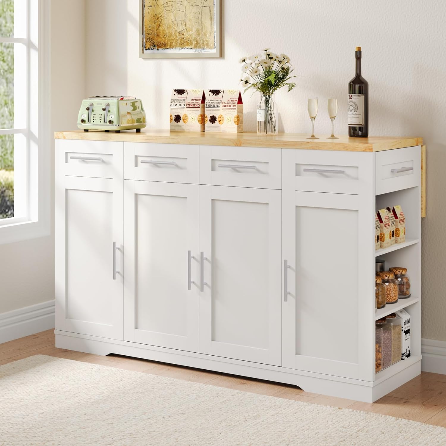 Dripex 53'' Rolling Kitchen Island with Power Outlet, Drop Leaf & Trash Can Storage, Large Island Cart on Wheels with Rubberwood Top, 4 Drawers, Open Shelves, for Kitchen, Dining Room (White)