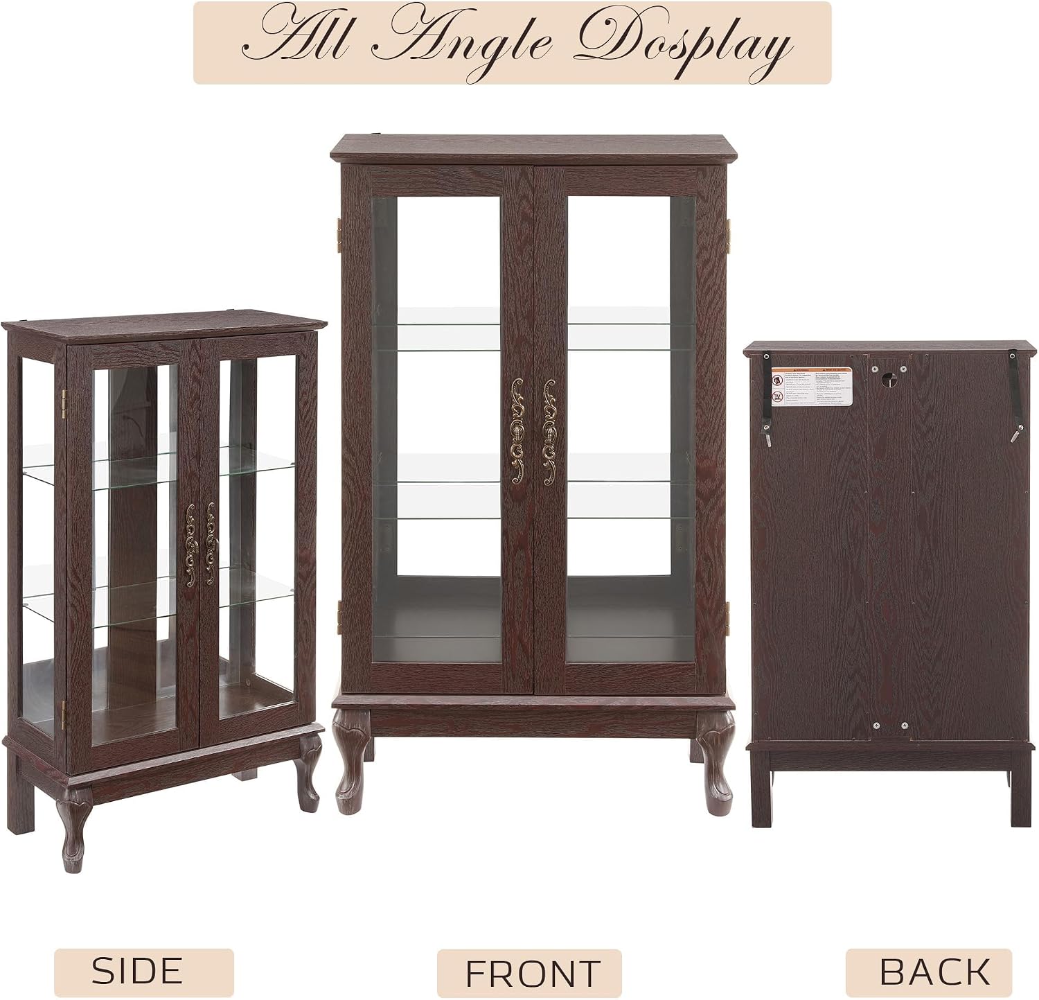 44" Small Lighted Glass Accent Curio Cabinet, Vintage China Cage with Tempered Glass Doors & Adjustable Shelves, Acrylic Mirrored Pane, Elegant Wine Artwork Showcase for Living Room (Dark Cherry)