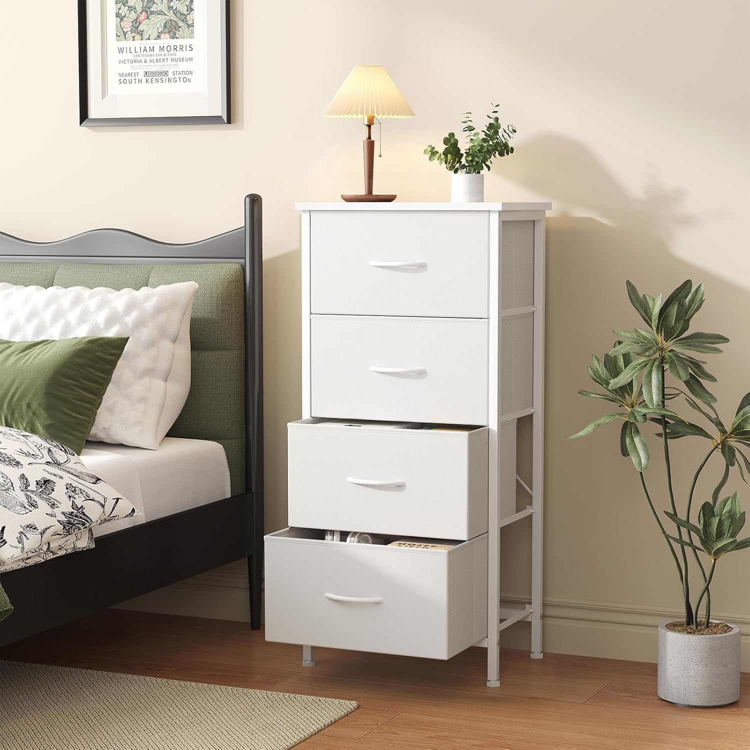 Sweetcrispy Dresser for Bedroom, 4 Drawer Storage Cabinet, Tall Nightstand | Small Fabric White Dresser for Closet, Chest of Drawers, Closet Organizer, Home Furniture, Sturdy Frame