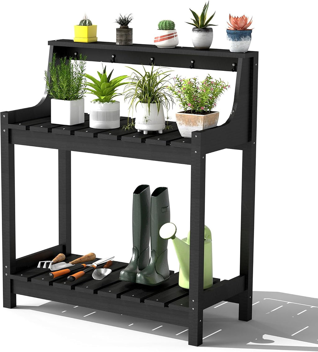 Domi Potting Benches for Outside, HDPE Garden Potting Table All Weather, Outdoor Potting Table with Storage for Patio, Backyard, Garden, Black