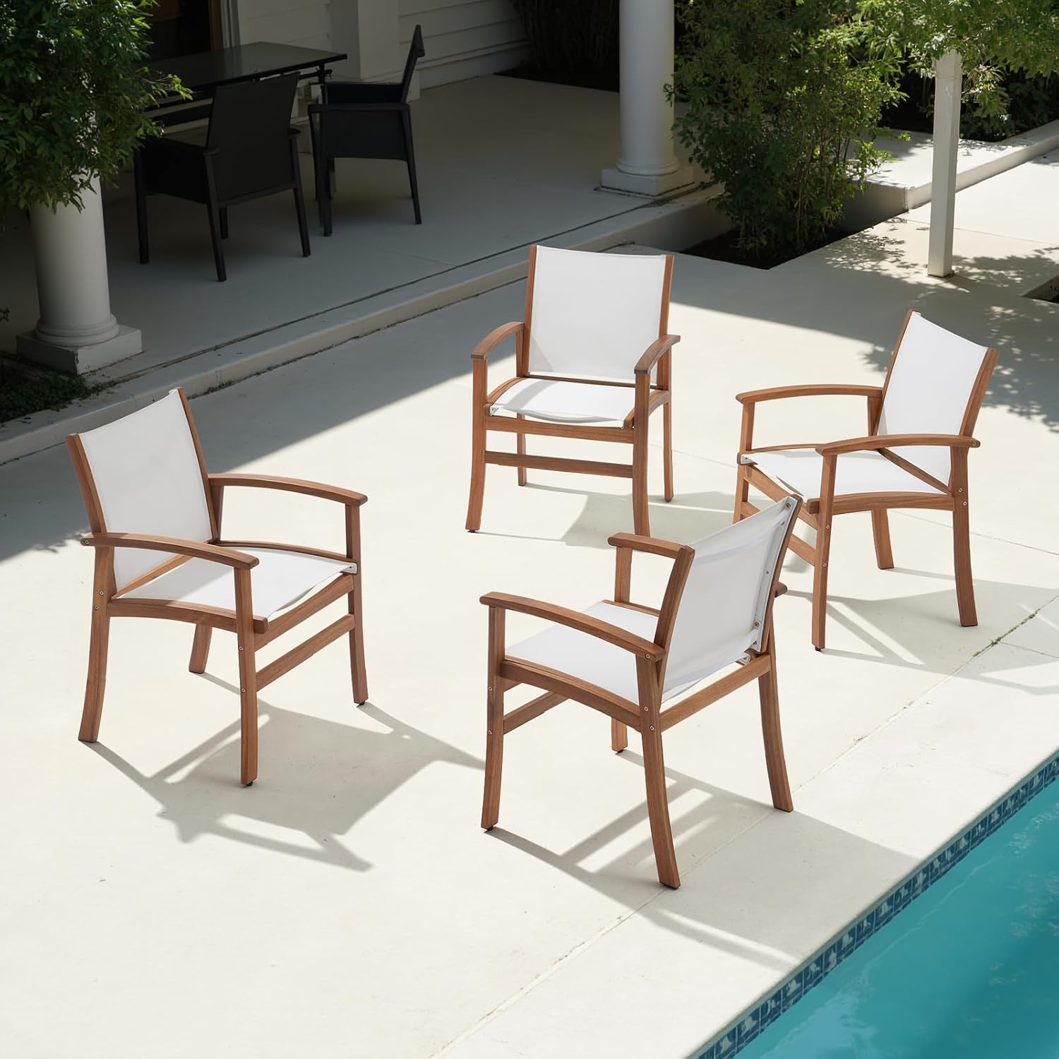 Acacia Wood Patio Dining Chairs Set (White, 8 Pieces) | Outdoor Chair Set with Breathable Textilene Fabric, Metal Support Bars, Curved Armrest, Supports 350lbs For Lawn, Garden