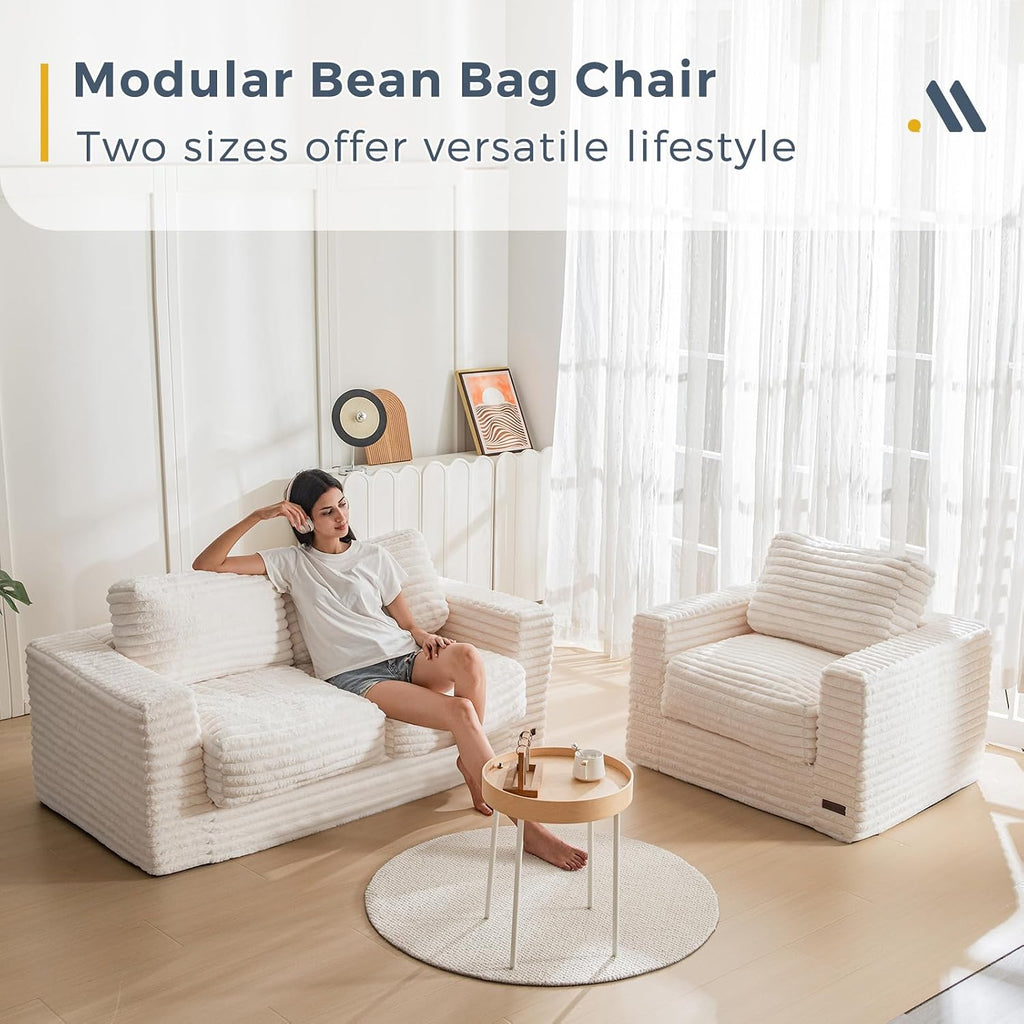 MAXYOYO Bean Bag Chair for Adults, Upholstered Loveseat Floor Sofa with Pillows and Armrests, Large Bean Bag Sofa Plush Couch for Bedroom Living Room, White
