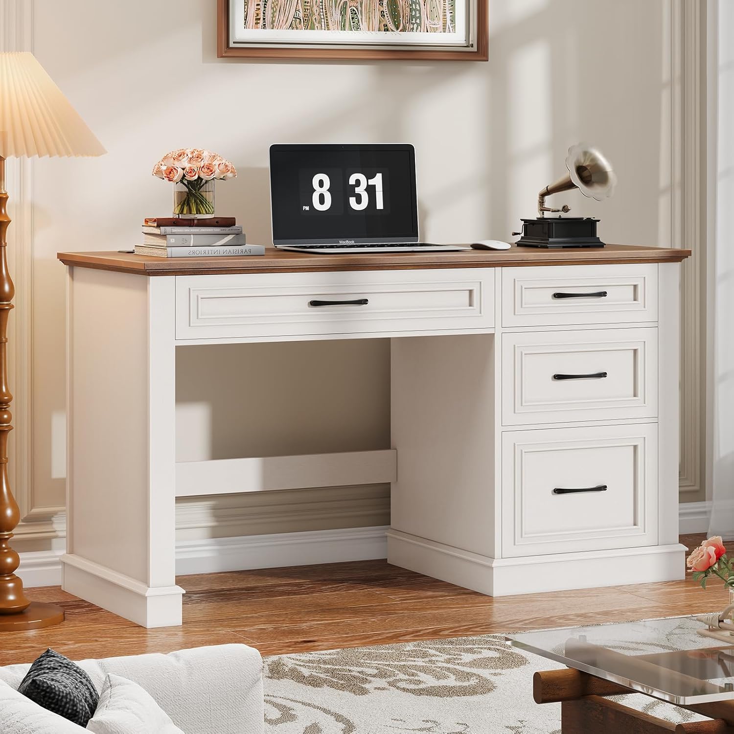 Halitaa Farmhouse 47" Executive Desk, Computer Desk with Drawers and File Drawer, Workstation Computer Desk with Charging Station for Home Office,Study.Unique White
