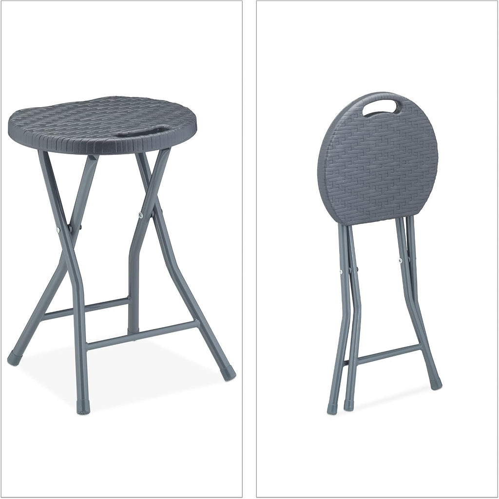 Relaxdays Folding Stool, Set of 2, Rattan Look, Garden & Balcony, Folding Outdoor Stool, HTW: 46 x 32 x 29 cm, Grey