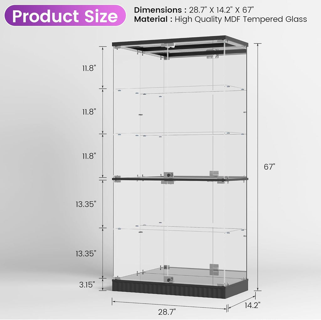 67" Glass Display Cabinet with RGB Lights for Collectibles, Dual Lockable 5-Tier Curio Cabinet with Glass Doors, Lighted Display Case with Motion Sensor for Action Figures/Models/Trophy, Black