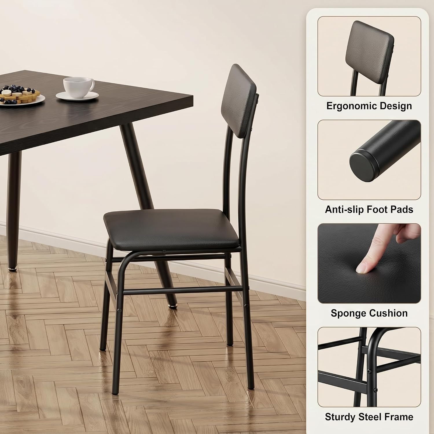 Gizoon Dining Table Set for 4, Modern Kitchen Table with Chairs, Black | Wood Top & Upholstered Chairs, 5-Piece Set for Apartment and Small Spaces, Comedor de 4 Sillas y Mesa