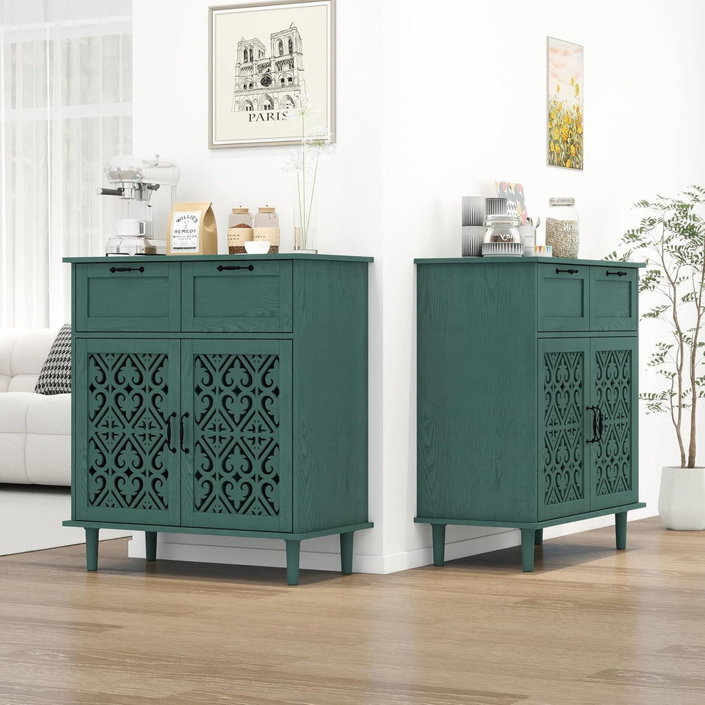 Sideboard Buffet Cabinet, American Farmhouse Green 2 Door 2 Drawer Storage Credenza, Hollow Carved, Living Room Entryway Kitchen Dining Room Console Table, Home Furniture Decor