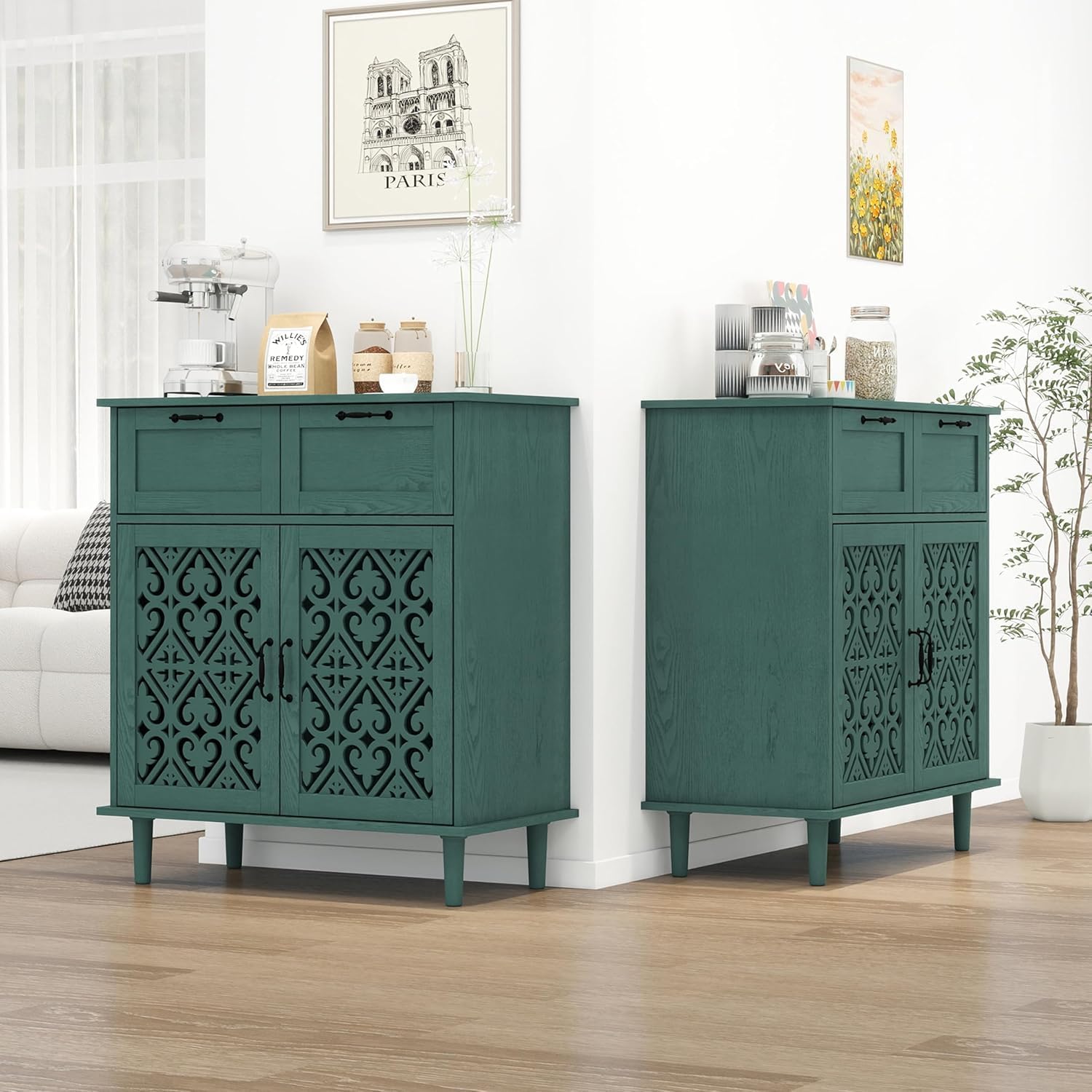 Sideboard Buffet Cabinet, American Farmhouse Green 2 Door 2 Drawer Storage Credenza, Hollow Carved, Living Room Entryway Kitchen Dining Room Console Table, Home Furniture Decor