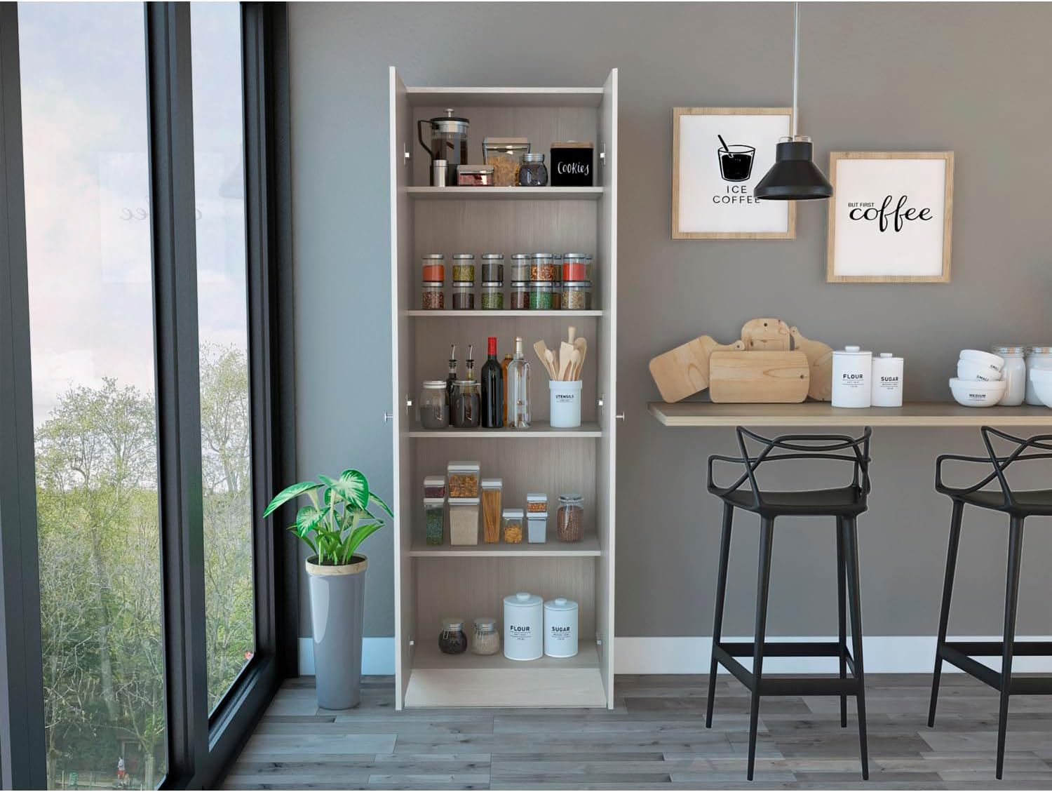 Multistorage Pantry Cabinet, Five Shelves, Double Door, Beige