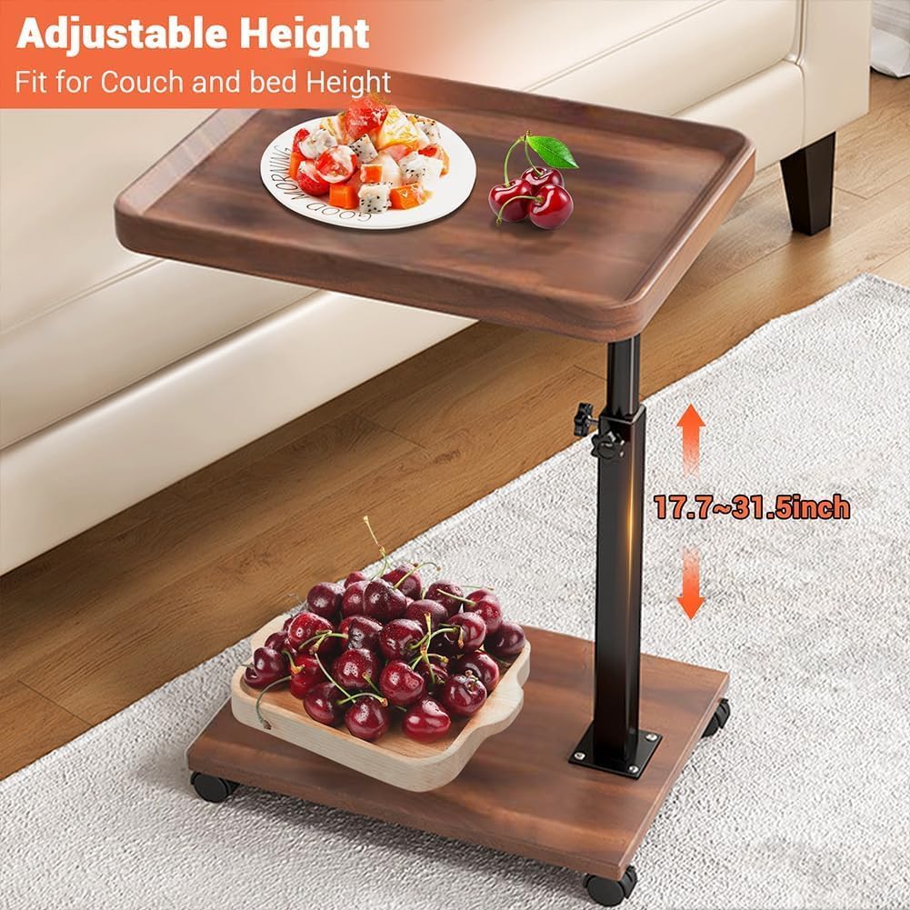 C Table End Table Adjustable Height for Couch, 360°Swivel TV Tray Table, Couch Tables That Slide Under for Eating on Couch, Bedroom or Livingroom Laptop-Table for Couch Side Desk with Wheels