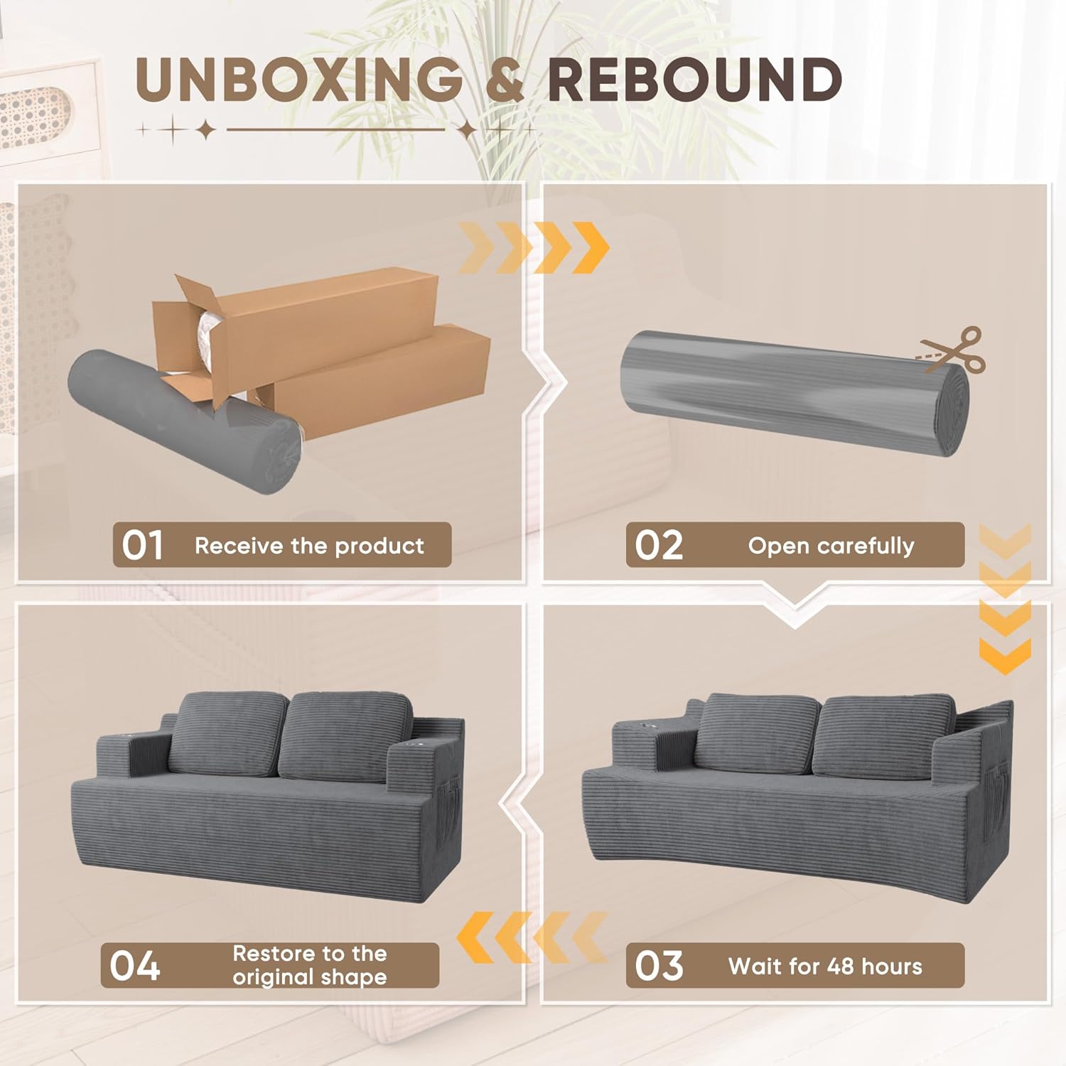 Homall 67” Boneless Sofa Couch with 2 Pillows Extra Deep Seats, Corduroy Fabric 3 Seater with Cup Holder & Storage Pocket Upholstered Floor Easy Installation (Grey, Loveseat)