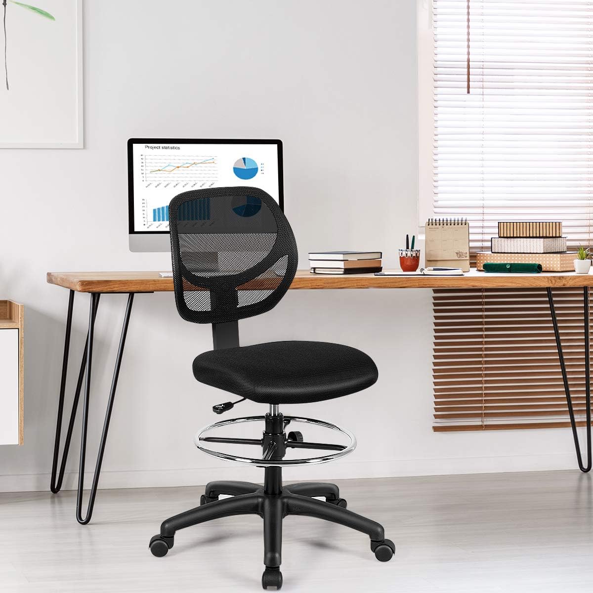 DORTALA Mesh Drafting Chair, St&ing Desk Chair w/Footrest Ring, Adjustable Height Chair Mid Back Tall Office Chair for Home Office, Black