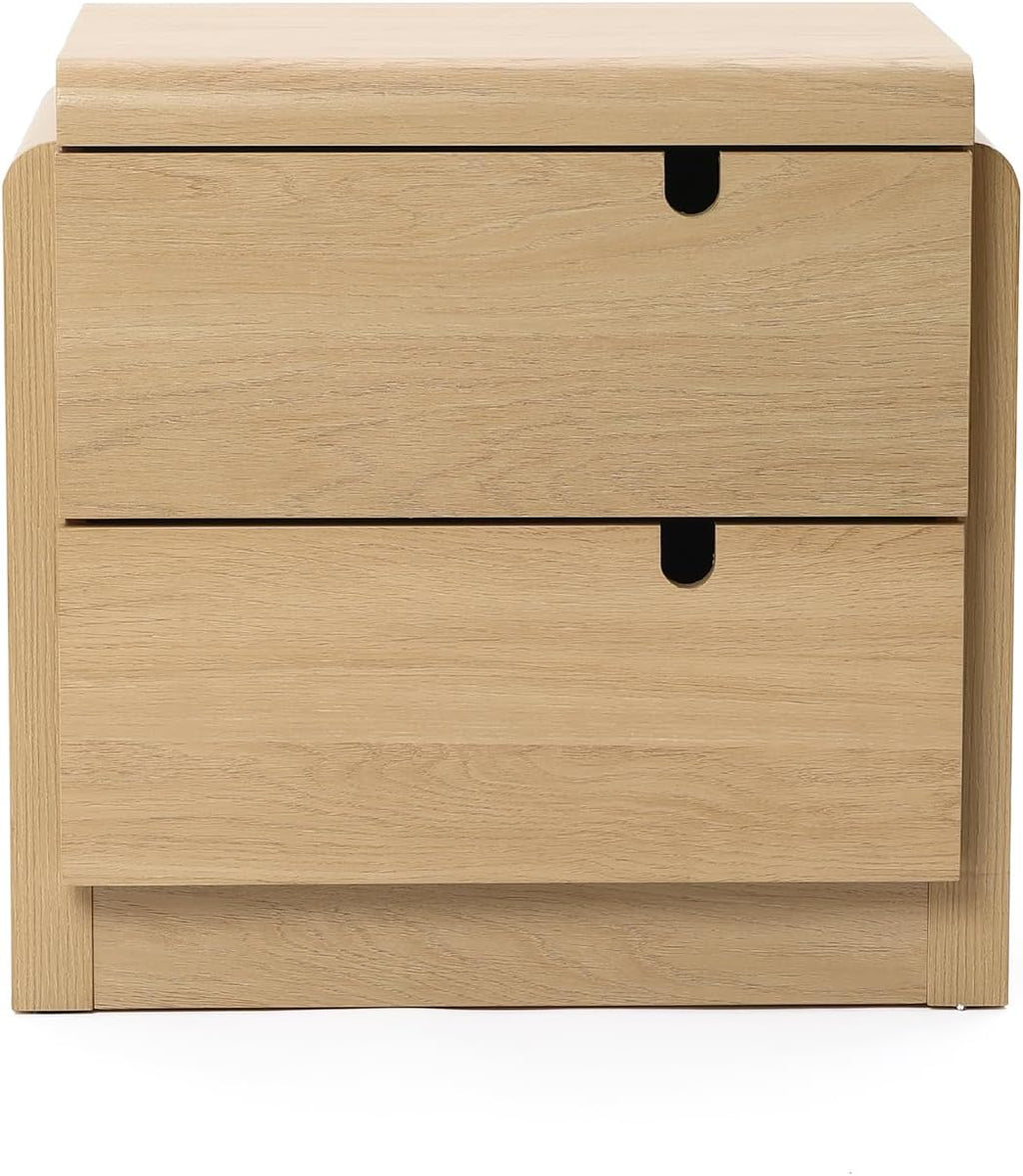 LuxenHome 21" H Modern Nightstand with 2 Drawers, Mid Century Modern Oak Night Stand with Curved Edge, Bedside Table with Storage, Wooden Accent End Table, Small Night Stand for Bedroom, Living Room