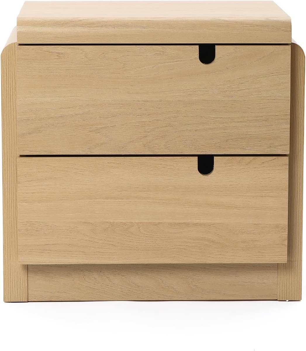 LuxenHome 21" H Modern Nightstand with 2 Drawers, Mid Century Modern Oak Night Stand with Curved Edge, Bedside Table with Storage, Wooden Accent End Table, Small Night Stand for Bedroom, Living Room