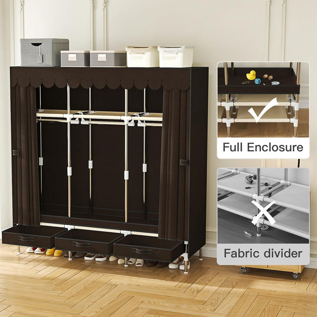 Portable Wardrobe 3 Rods 3 Drawers 3 Compartments Non-Woven Fabric Metal Frame Small Room (Brown, 57.5 in)