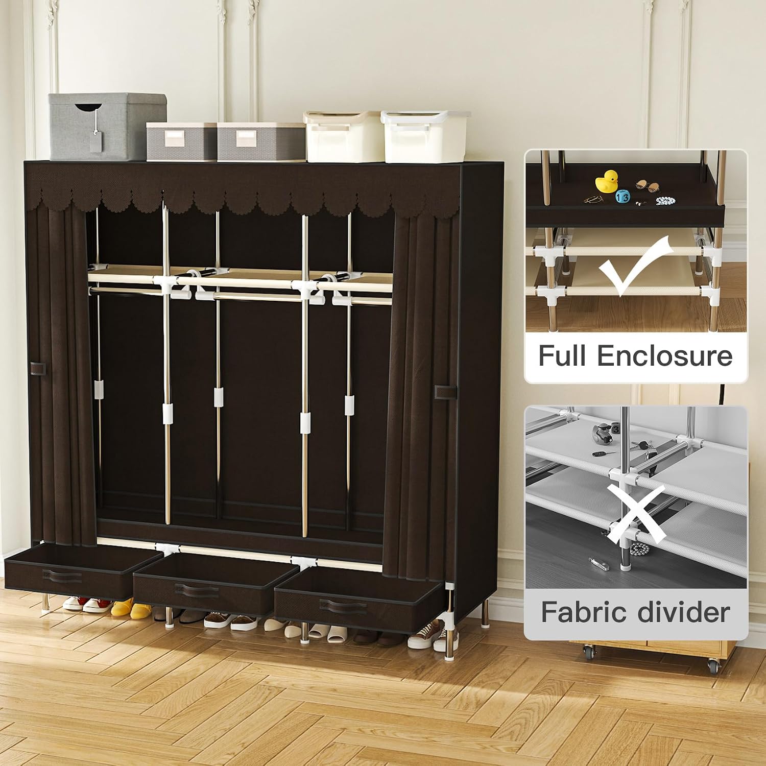 Portable Wardrobe 3 Rods 3 Drawers 3 Compartments Non-Woven Fabric Metal Frame Small Room (Brown, 57.5 in)
