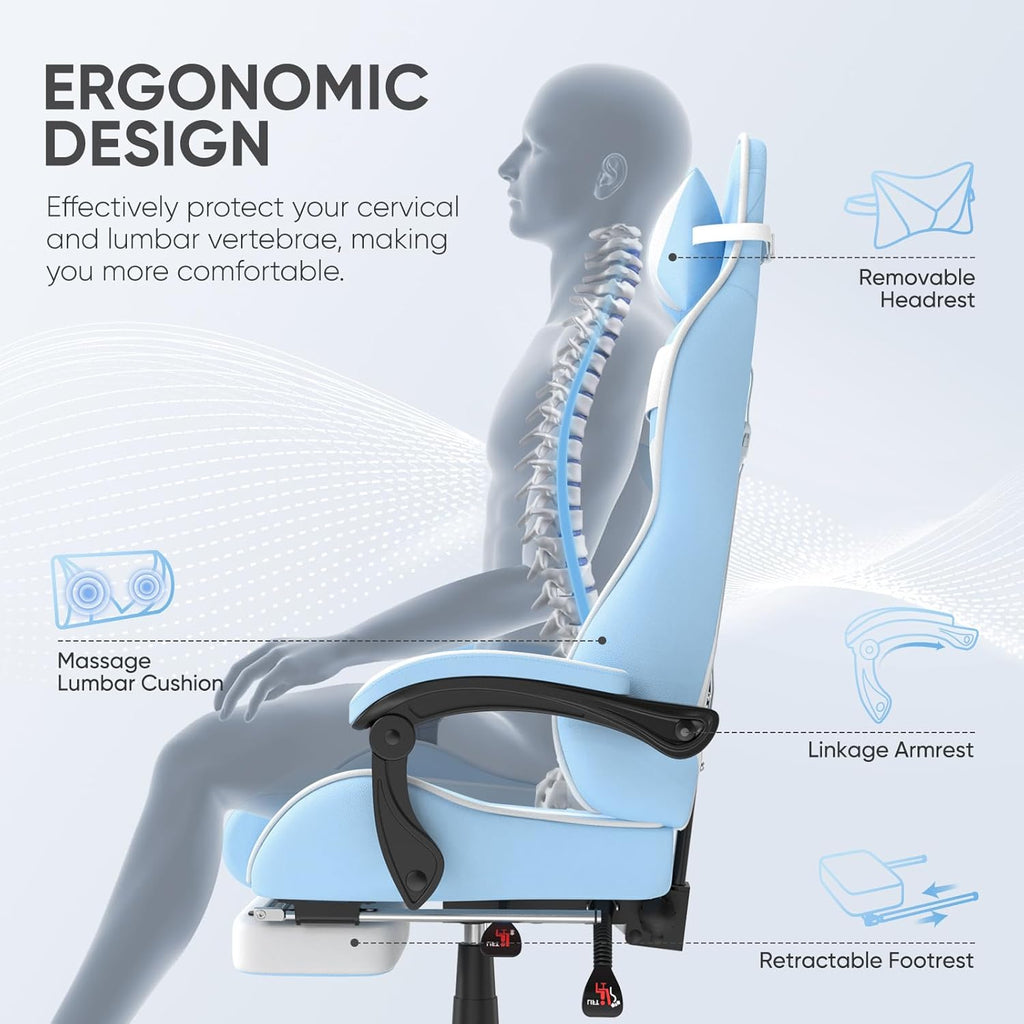 Huracan Gaming Computer Chair with Footrest, Adjustable Video Game Chairs for Adults, Heavy Duty Office Chair with Headrest and Lumbar Support, Baby Blue