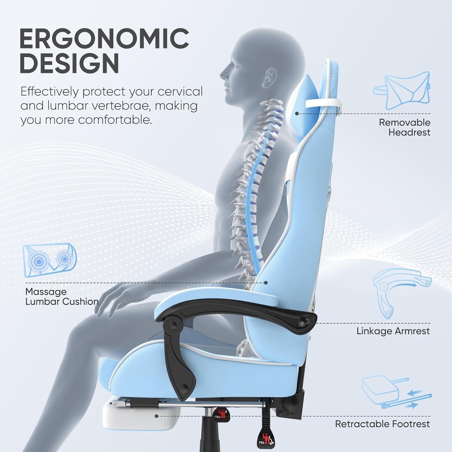 Huracan Gaming Computer Chair with Footrest, Adjustable Video Game Chairs for Adults, Heavy Duty Office Chair with Headrest and Lumbar Support, Baby Blue