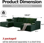 CHORRO134.6''Sectional Boneless Couch for Livingroom,Modular Corduroy Cloud Couch, U-Shaped Sofa with Chaise and Pillows,4-Deep Seat Sectional Sofa with 1 Ottoman,(Green,Left Chaise)