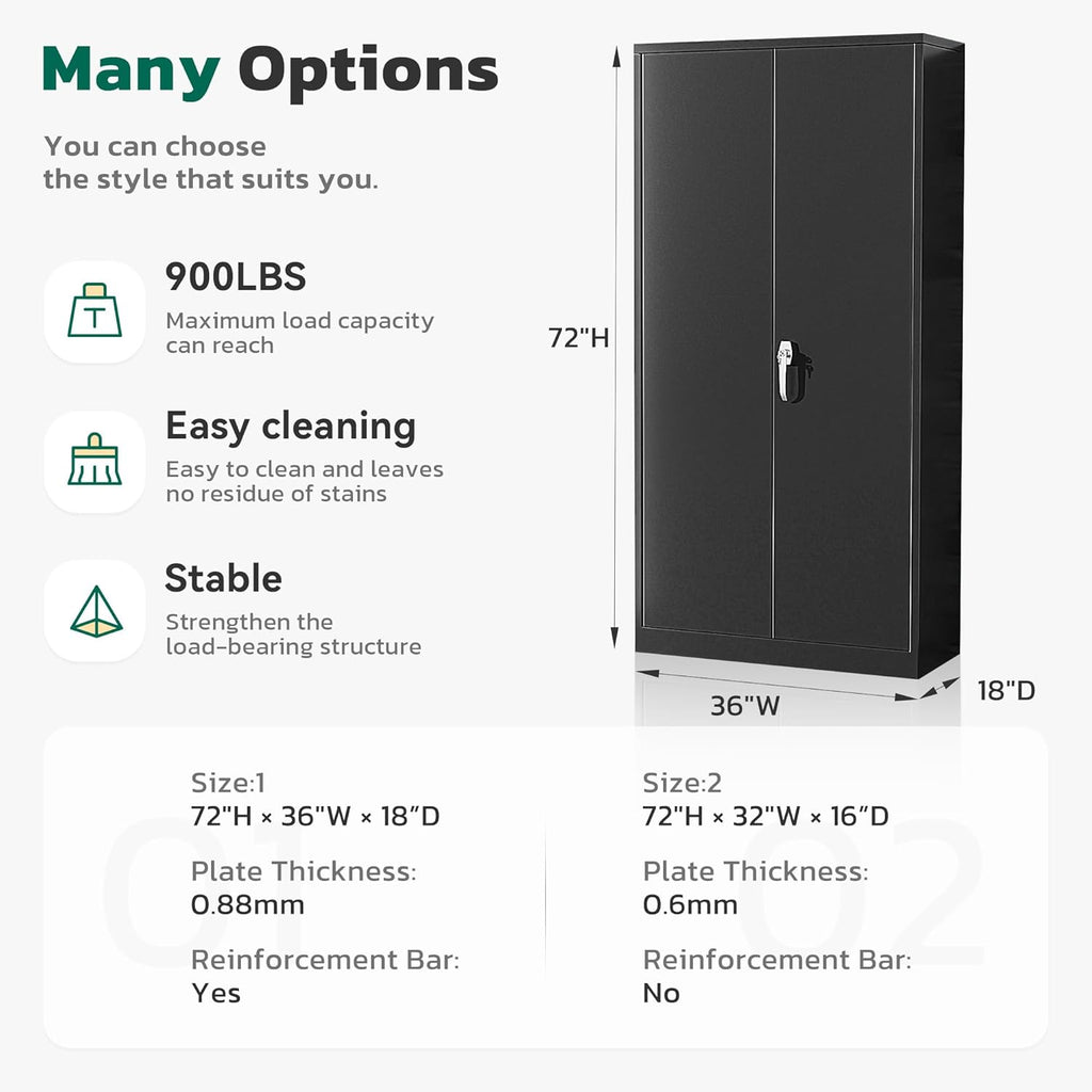 Greenvelly 72" H Metal Storage Cabinet, 36" W x 18" D Black Metal Cabinet with 2 Doors and 4 Adjustable Shelves,Locking Cabinets for Office, Home, Garage, School