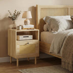Rattan Night Stand with Drawers, Rattan Natural Oak Night Stand, Boho Nightstand, End Table with Drawer and Storage, Farmhouse Night Stands, Wooden Nightstand for Bedroom, Living Room,Office